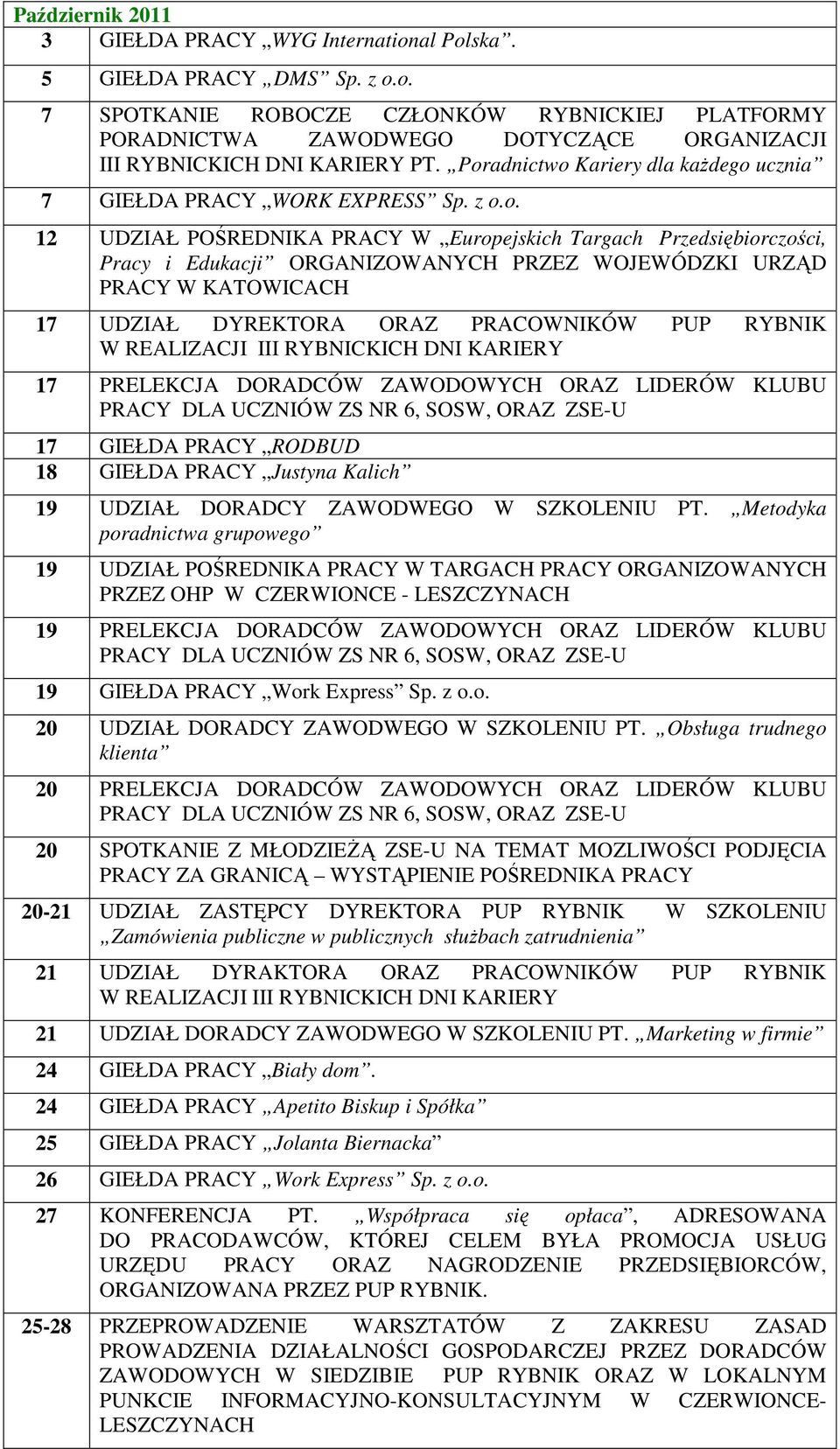 URZĄD PRACY W KATOWICACH 17 UDZIAŁ DYREKTORA ORAZ PRACOWNIKÓW PUP RYBNIK W REALIZACJI III RYBNICKICH DNI KARIERY 17 PRELEKCJA DORADCÓW ZAWODOWYCH ORAZ LIDERÓW KLUBU PRACY DLA UCZNIÓW ZS NR 6, SOSW,