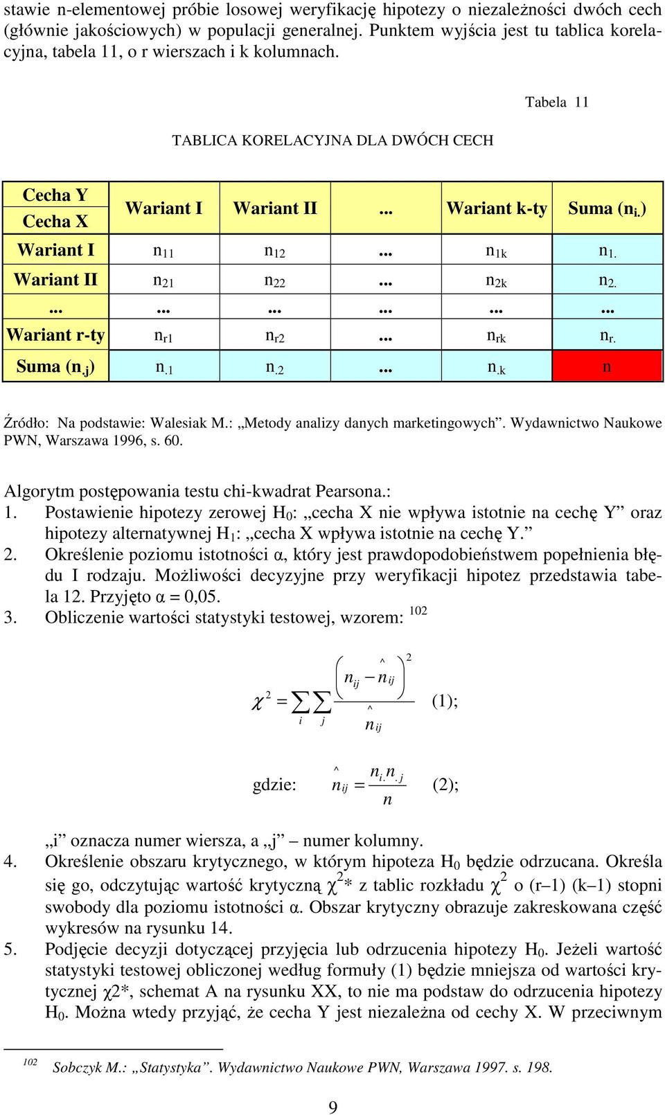 ) Wariant I n 11 n 12... n 1k n 1. Wariant II n 21 n 22... n 2k n 2................... Wariant r-ty n r1 n r2... n rk n r. Suma (n.j ) n.1 n.2... n.k n Źródło: Na podstawie: Walesiak M.