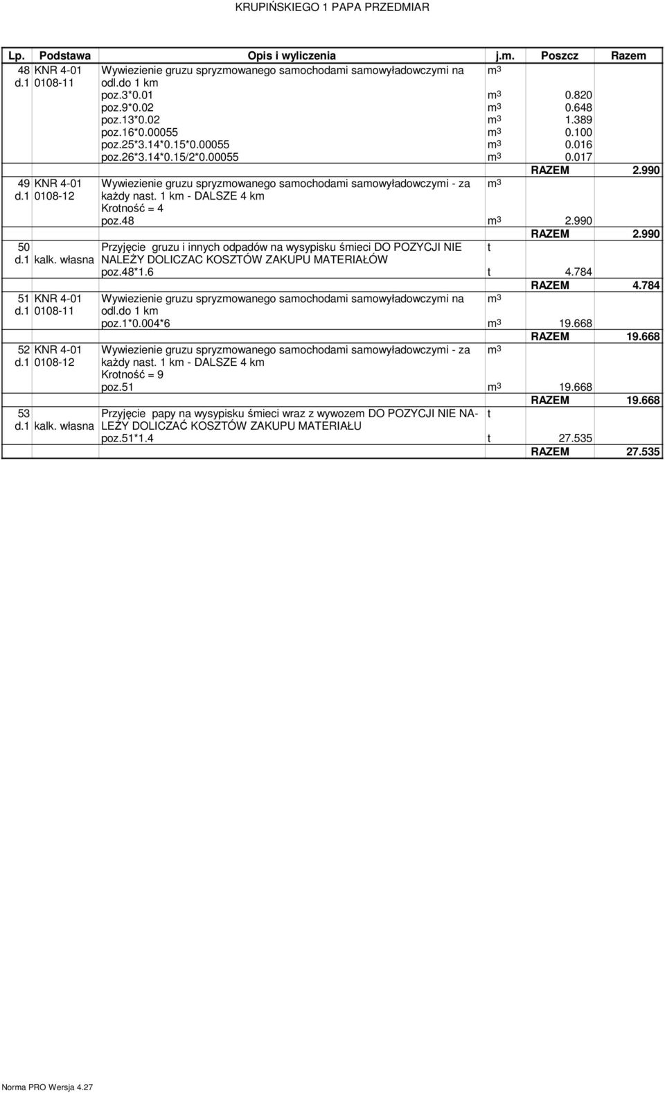 1 k - DALSZE 4 k Krotność = 4 poz.48 3 2.990 50 kalk. własna 51 01 0108-11 52 01 0108-12 53 kalk. własna RAZEM 2.