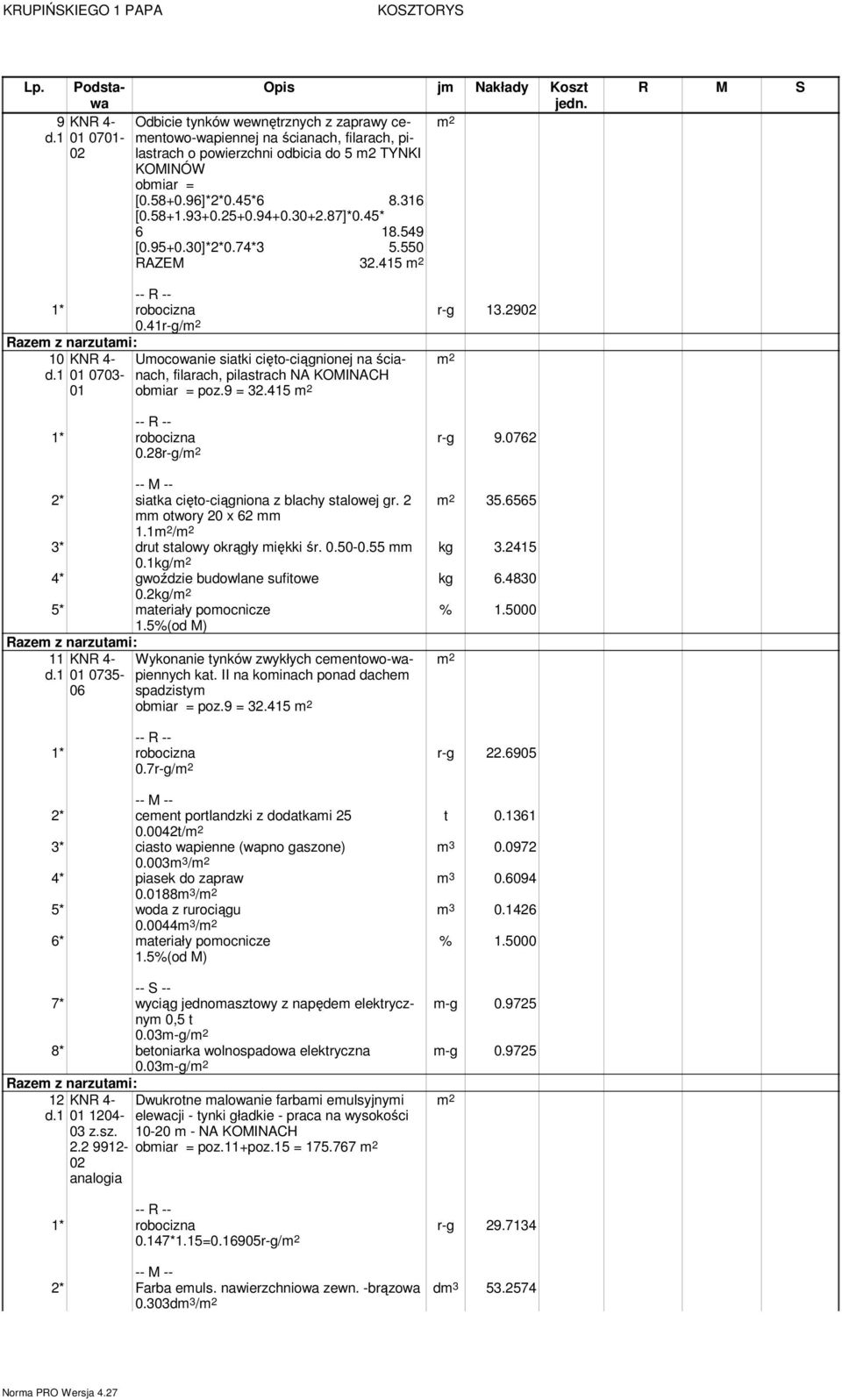 2902 10 01 0703-01 Uocowanie siatki cięto-ciągnionej na ścianach, filarach, pilastrach NA KOMINACH obiar = poz.9 = 32.415 0.28r-g/ r-g 9.0762 2* siatka cięto-ciągniona z blachy stalowej gr. 2 35.