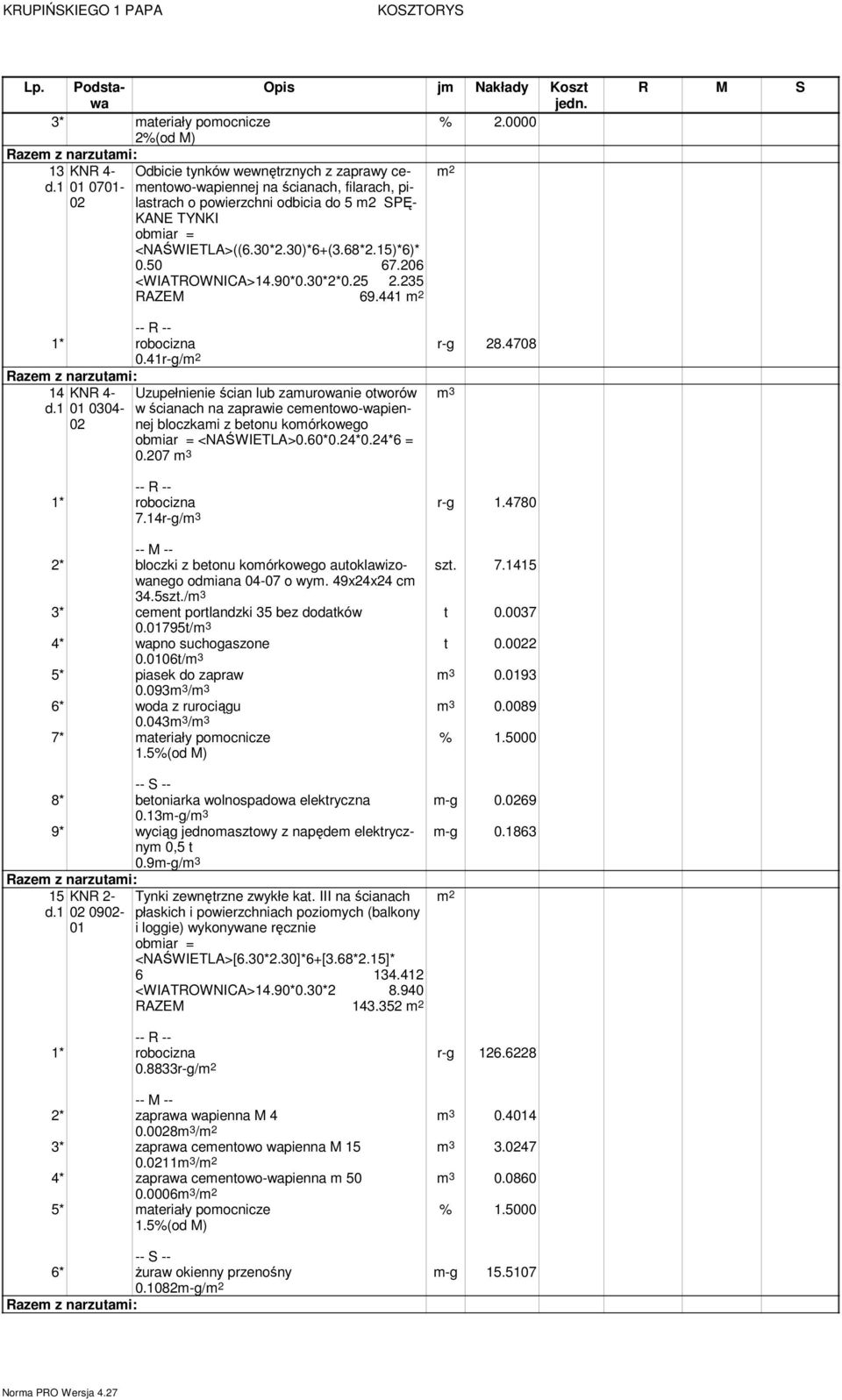 4708 14 01 0304-02 Uzupełnienie ścian lub zaurowanie otworów w ścianach na zaprawie ceentowo-wapiennej bloczkai z betonu koórkowego obiar = <NAŚWIETLA>0.60*0.24*0.24*6 = 0.207 3 7.14r-g/ 3 r-g 1.