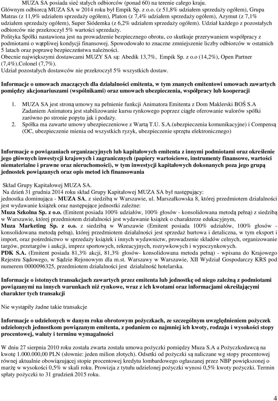 biorców (ponad 60) na terenie całego kraju. Głównym odbiorcą MUZA SA w 2014 roku był Empik Sp. z o.o. (z 51,8% udziałem sprzedaży ogółem), Grupa Matras (z 11,9% udziałem sprzedaży ogółem), Platon (z