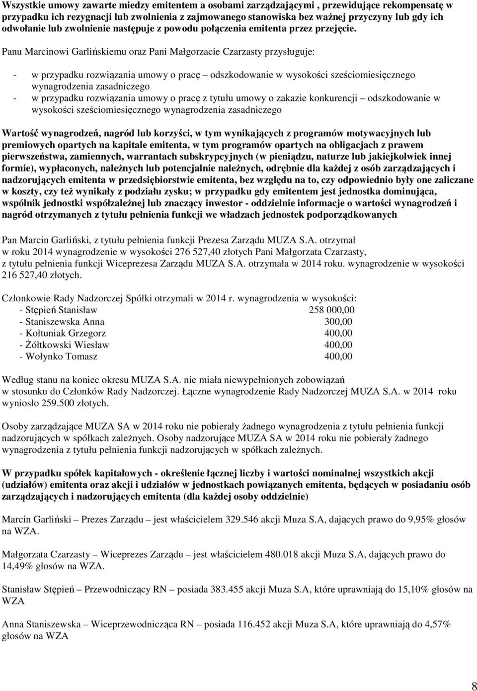 Panu Marcinowi Garlińskiemu oraz Pani Małgorzacie Czarzasty przysługuje: - w przypadku rozwiązania umowy o pracę odszkodowanie w wysokości sześciomiesięcznego wynagrodzenia zasadniczego - w przypadku