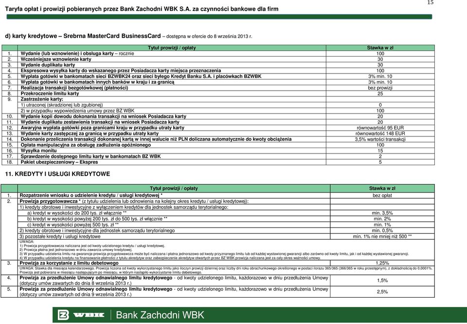 i placówkach BZWBK 3% min. 10 6. Wypłata gotówki w bankomatach innych banków w kraju i za granicą 3% min. 10 7. Realizacja transakcji bezgotówkowej (płatności) bez prowizji 8.