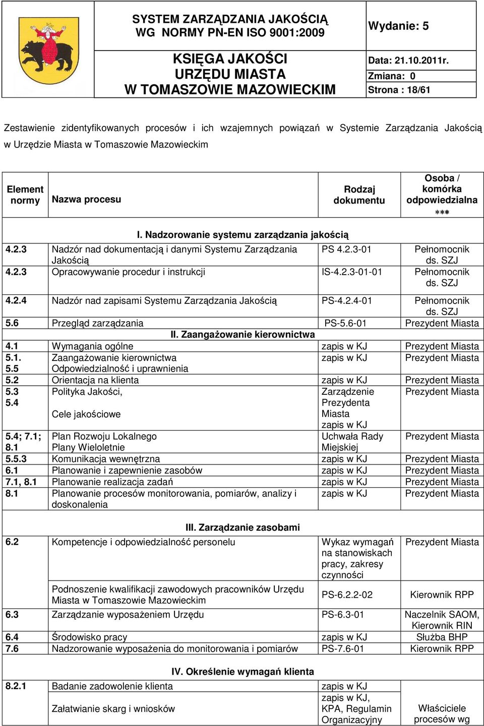 SZJ 4.2.3 Opracowywanie procedur i instrukcji IS-4.2.3-01-01 Pełnomocnik ds. SZJ 4.2.4 Nadzór nad zapisami Systemu Zarządzania Jakością PS-4.2.4-01 Pełnomocnik ds. SZJ 5.6 Przegląd zarządzania PS-5.