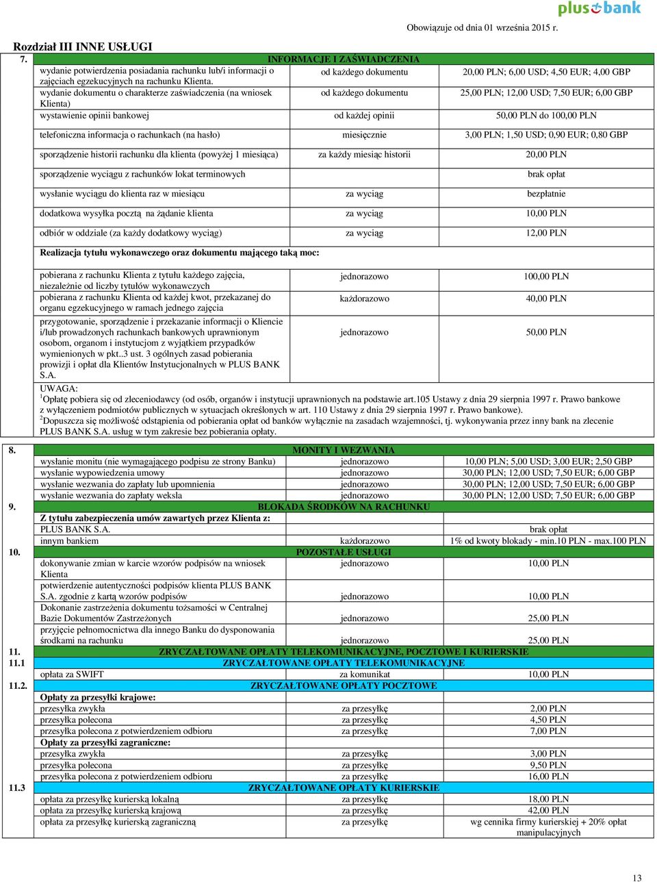 wydanie dokumentu o charakterze zaświadczenia (na wniosek od każdego dokumentu 25,00 PLN; 12,00 USD; 7,50 EUR; 6,00 GBP Klienta) wystawienie opinii bankowej od każdej opinii 50,00 PLN do 100,00 PLN