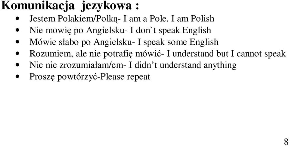 Angielsku- I speak some English Rozumiem, ale nie potrafię mówić- I understand