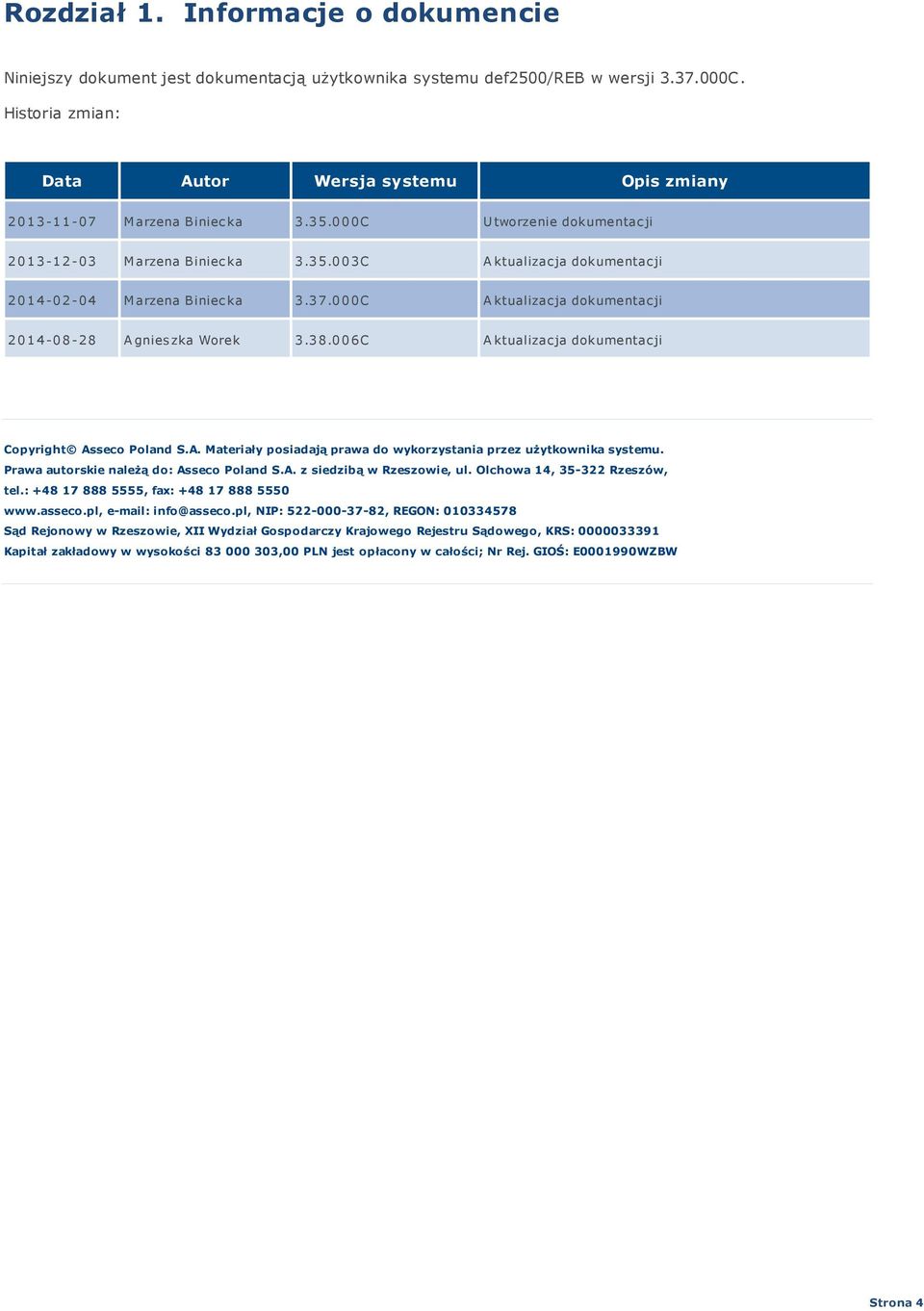 3 7.0 0 0 C A ktualizac ja dokumentac ji 2 0 1 4-0 8-2 8 A gnies zka Worek 3.3 8.0 0 6 C A ktualizac ja dokumentac ji Copyright Asseco Poland S.A. Materiały posiadają prawa do wykorzystania przez użytkownika systemu.