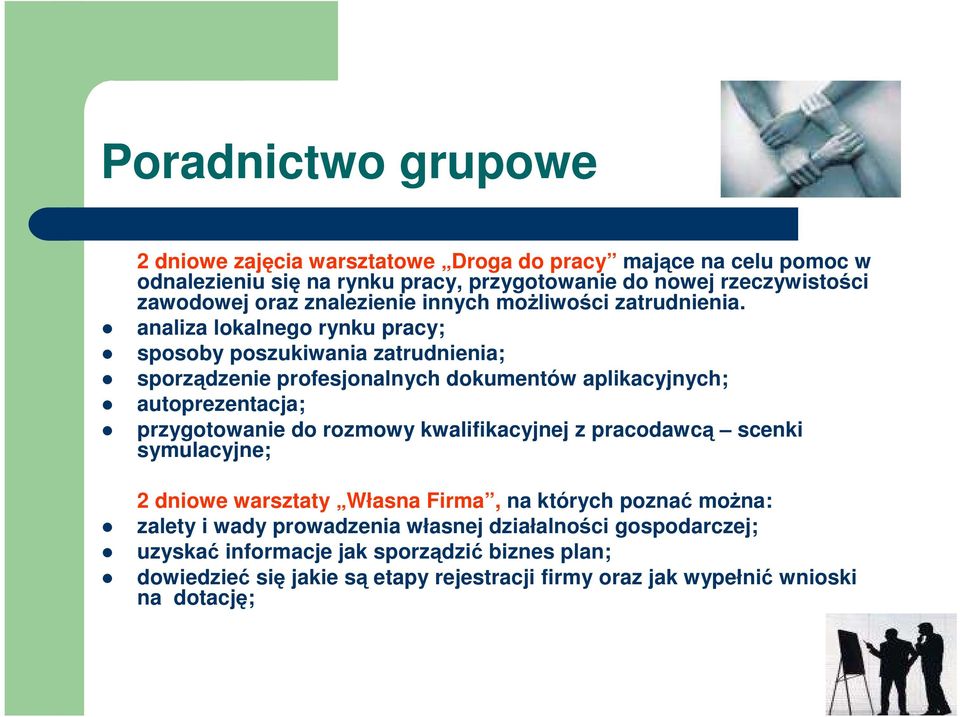 analiza lokalnego rynku pracy; sposoby poszukiwania zatrudnienia; sporządzenie profesjonalnych dokumentów aplikacyjnych; autoprezentacja; przygotowanie do rozmowy