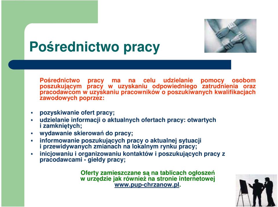 wydawanie skierowań do pracy; informowanie poszukujących pracy o aktualnej sytuacji i przewidywanych zmianach na lokalnym rynku pracy; inicjowaniu i organizowaniu