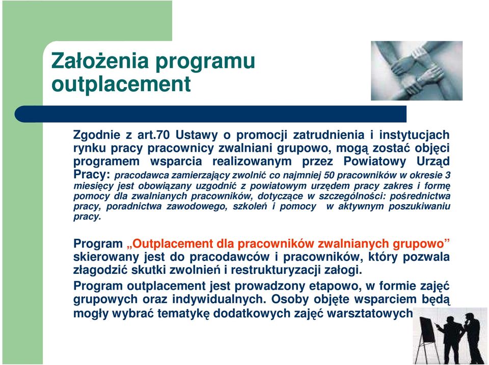 zwolnić co najmniej 50 pracowników w okresie 3 miesięcy jest obowiązany uzgodnić z powiatowym urzędem pracy zakres i formę pomocy dla zwalnianych pracowników, dotyczące w szczególności: pośrednictwa