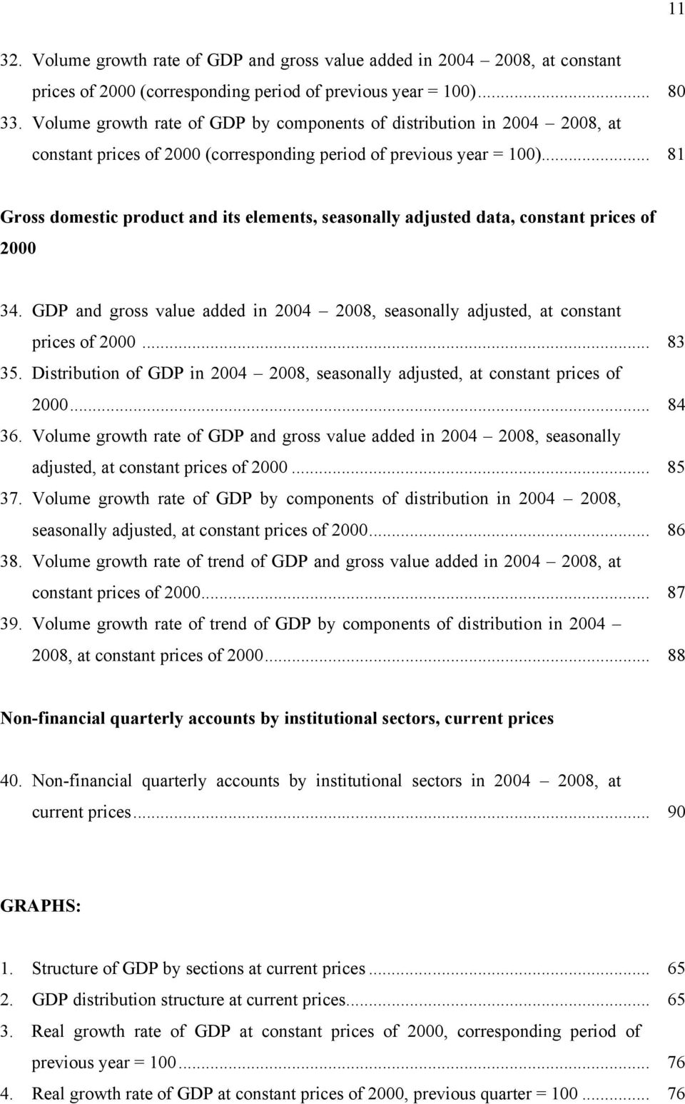 .. 81 Gross domestic product and its elements, seasonally adjusted data, constant prices of 2000 34. GDP and gross value added in 2004 2008, seasonally adjusted, at constant prices of 2000... 83 35.
