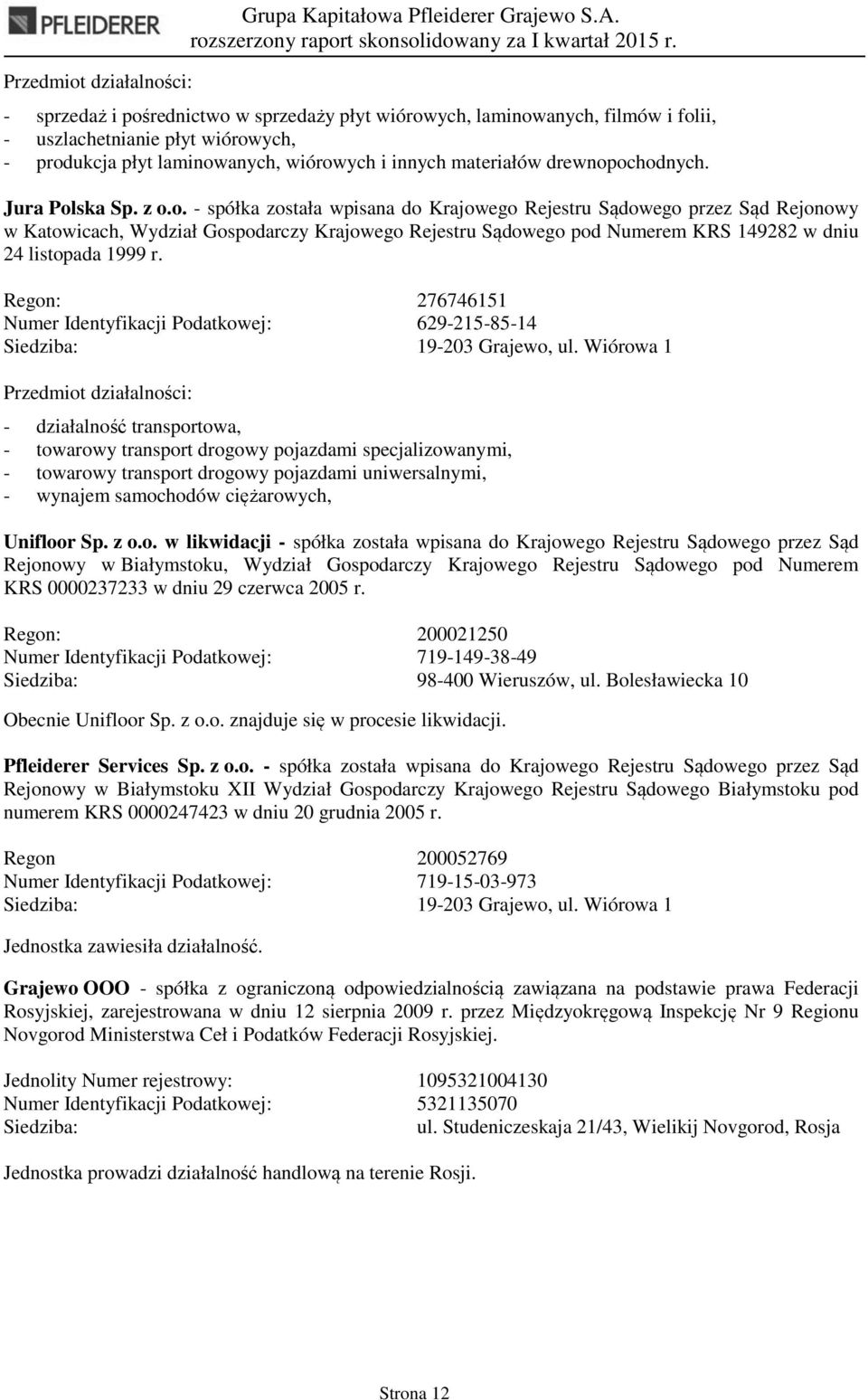 Jura Polska Sp. z o.o. - spółka została wpisana do Krajowego Rejestru Sądowego przez Sąd Rejonowy w Katowicach, Wydział Gospodarczy Krajowego Rejestru Sądowego pod Numerem KRS 149282 w dniu 24 listopada 1999 r.