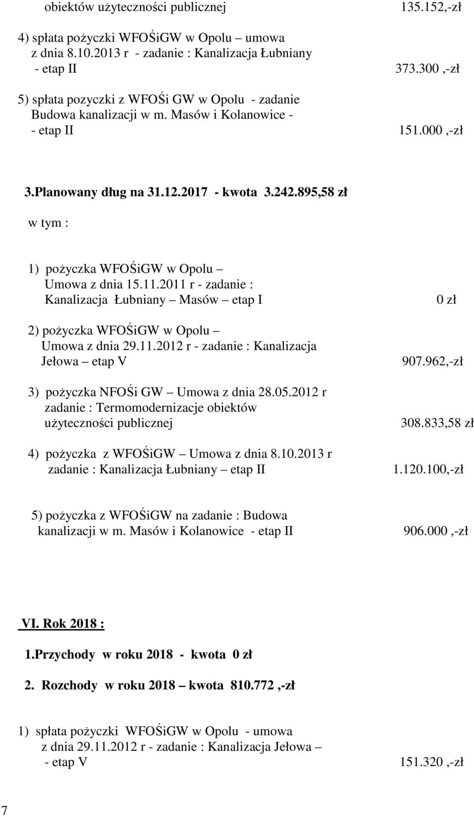 2011 r - zadanie : Kanalizacja Łubniany Masów etap I 2) pożyczka WFOŚiGW w Opolu 3) pożyczka NFOŚi GW Umowa z dnia 28.05.2012 r 4) pożyczka z WFOŚiGW Umowa z dnia 8.10.