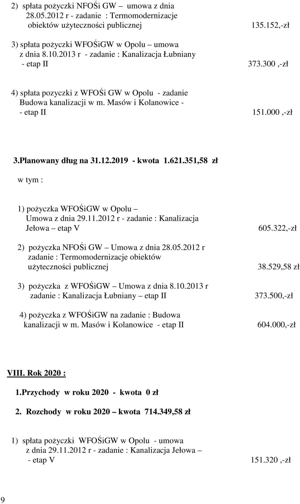 621.351,58 zł 2) pożyczka NFOŚi GW Umowa z dnia 28.05.2012 r 3) pożyczka z WFOŚiGW Umowa z dnia 8.10.