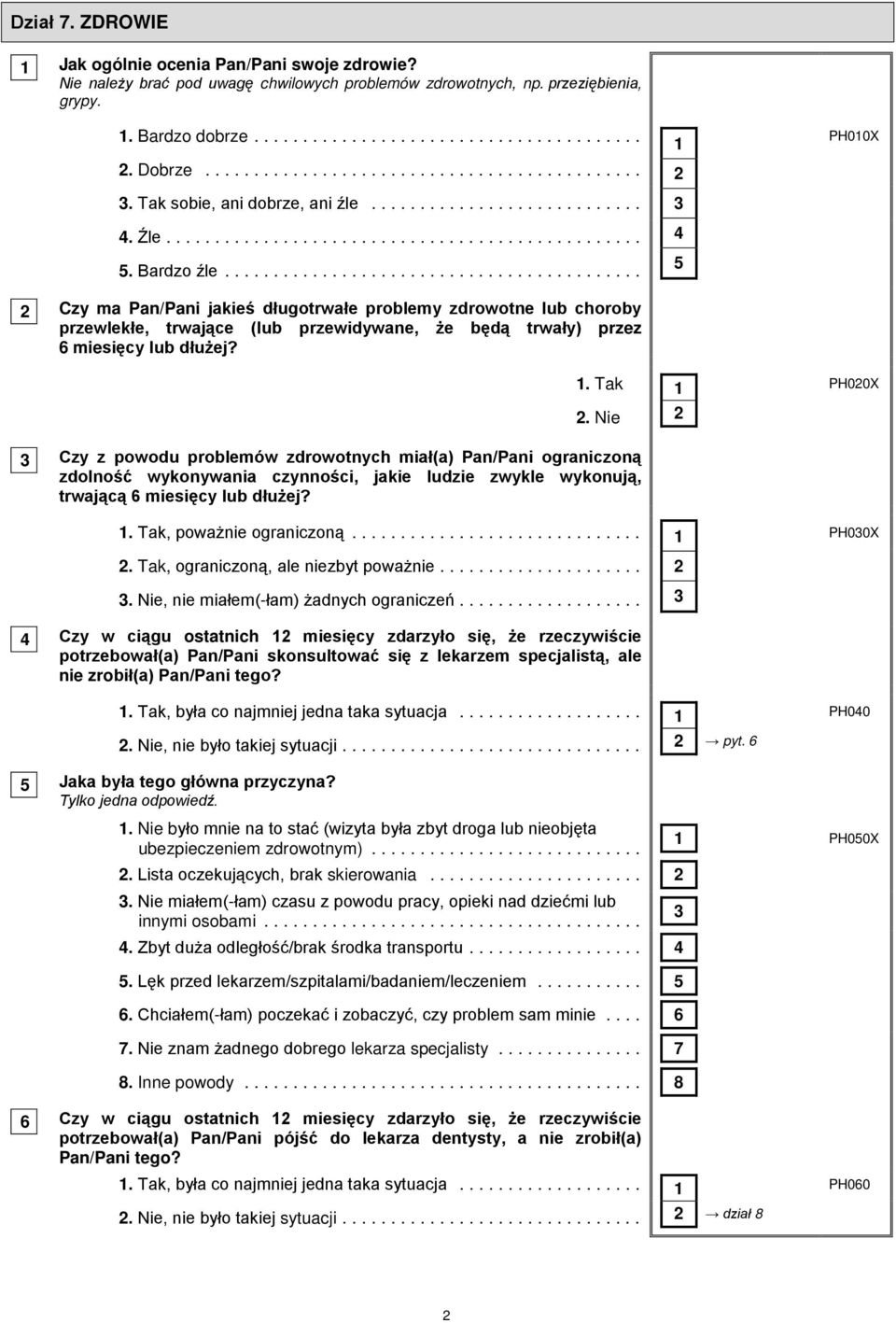 .. Czy ma Pan/Pani jakieś długotrwałe problemy zdrowotne lub choroby przewlekłe, trwające (lub przewidywane, że będą trwały) przez 6 miesięcy lub dłużej? 1 4 5 PH010X PH00X.