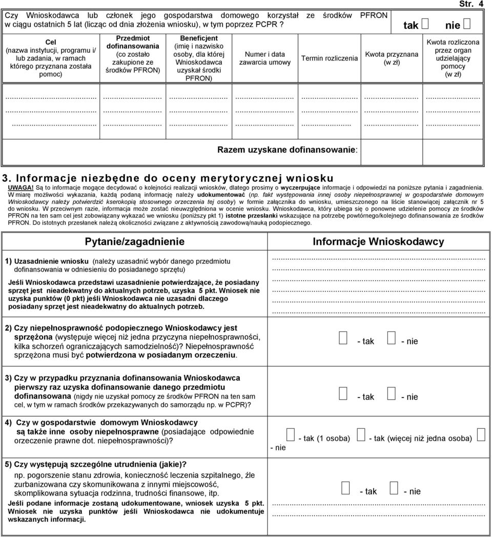 dla której Wnioskodawca uzyskał środki PFRON) Numer i data zawarcia umowy Termin rozliczenia Kwota przyznana (w zł) Str. 4 Kwota rozliczona przez organ udzielający pomocy (w zł).