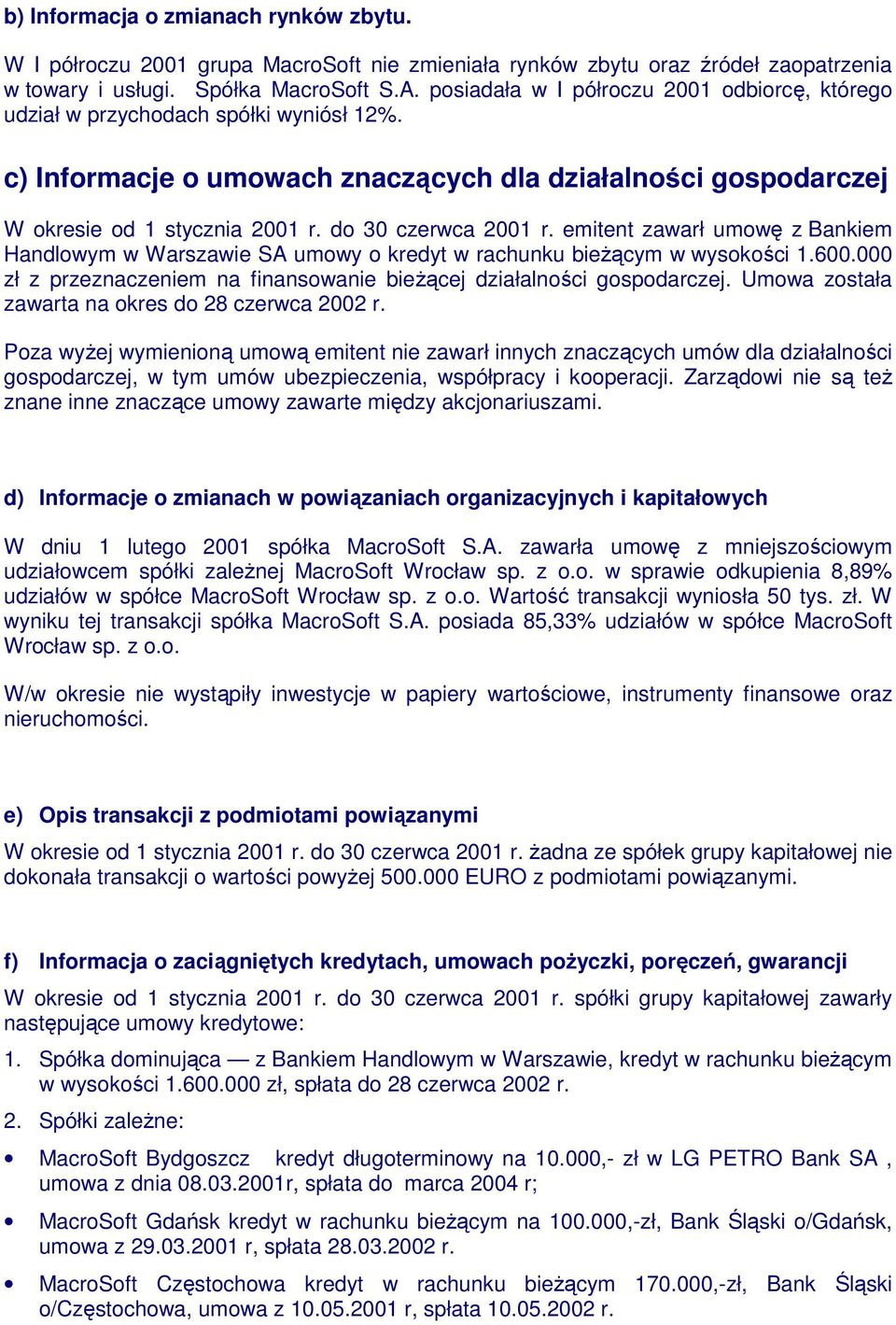 do 30 czerwca 2001 r. emitent zawarł umowę z Bankiem Handlowym w Warszawie SA umowy o kredyt w rachunku bieŝącym w wysokości 1.600.