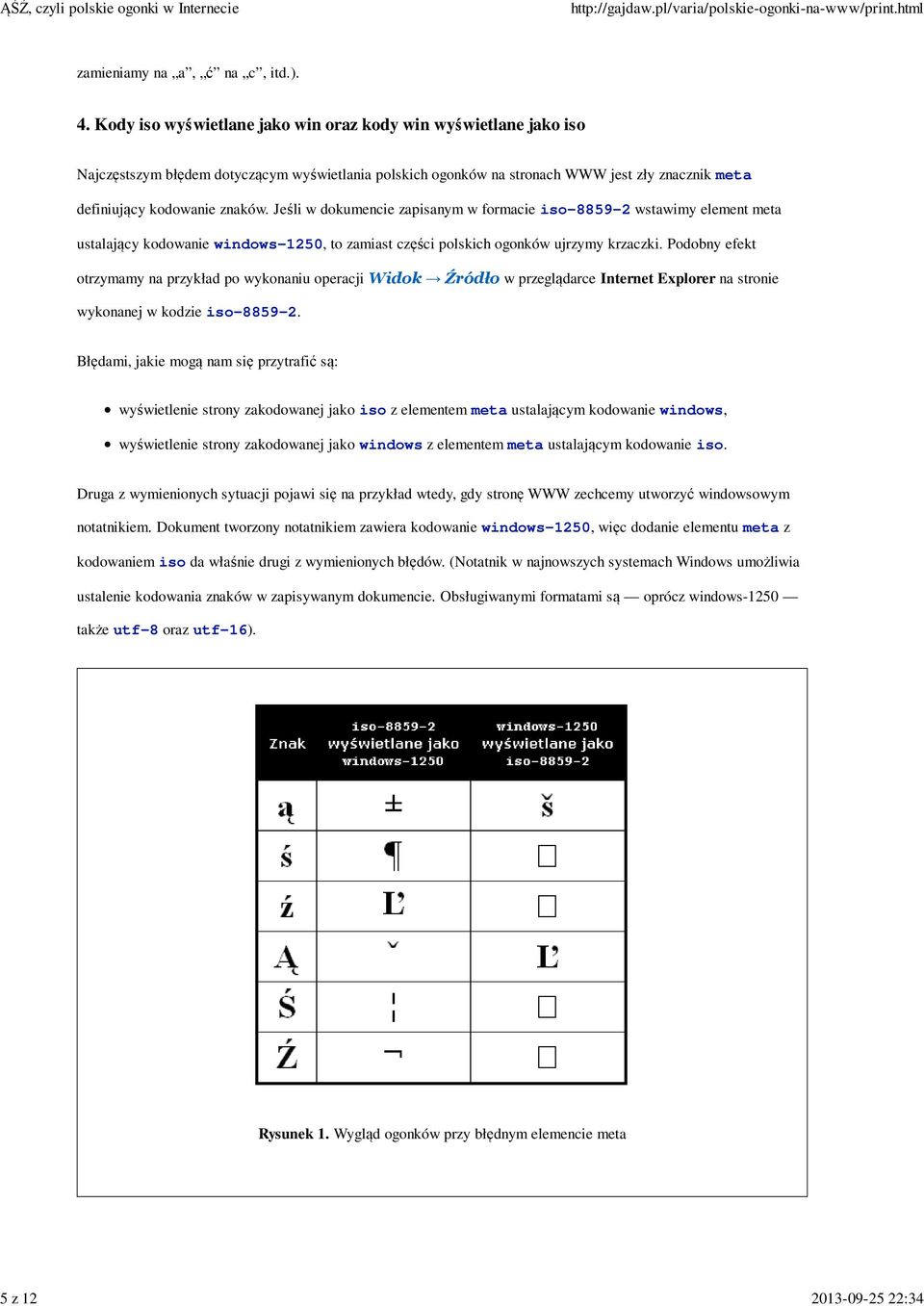 Jeśli w dokumencie zapisanym w formacie iso-8859-2 wstawimy element meta ustalający kodowanie windows-1250, to zamiast części polskich ogonków ujrzymy krzaczki.