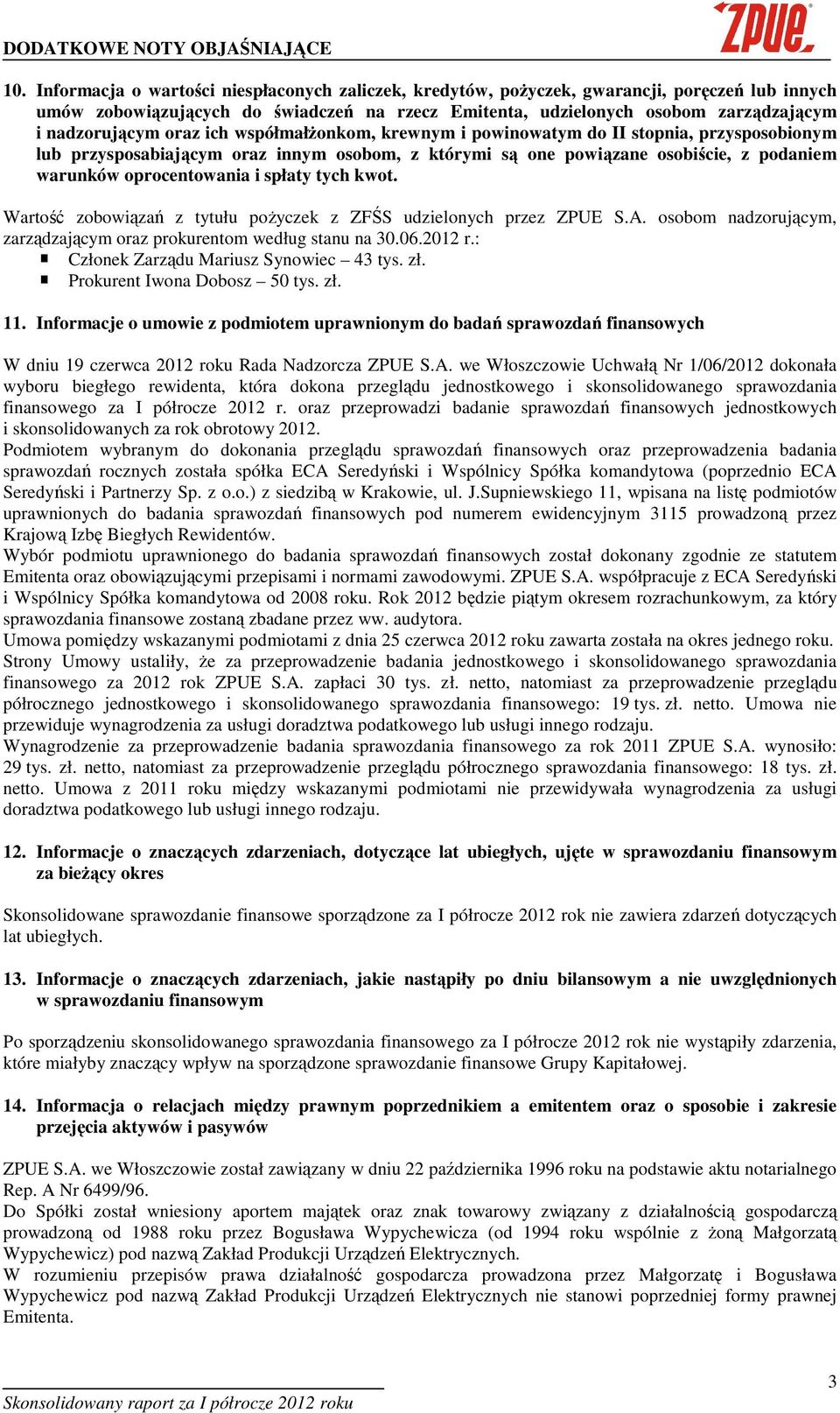 oprocentowania i spłaty tych kwot. Wartość zobowiązań z tytułu poŝyczek z ZFŚS udzielonych przez ZPUE S.A. osobom nadzorującym, zarządzającym oraz prokurentom według stanu na 30.06.2012 r.