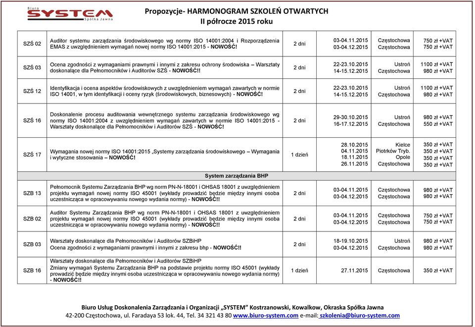 2015 1100 zł +VAT SZŚ 12 Identyfikacja i ocena aspektów środowiskowych z uwzględnieniem wymagań zawartych w normie ISO 14001, w tym identyfikacji i oceny ryzyk (środowiskowych, biznesowych) - NOWOŚĆ!