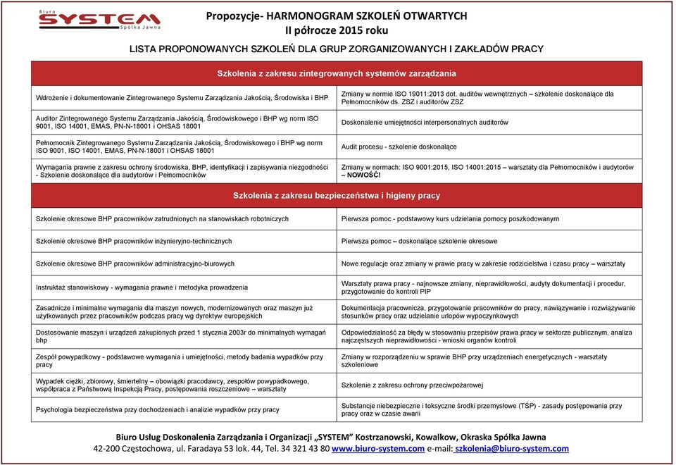 Jakością, Środowiskowego i BHP wg norm ISO 9001, ISO 14001, EMAS, PN-N-18001 i OHSAS 18001 Wymagania prawne z zakresu ochrony środowiska, BHP, identyfikacji i zapisywania niezgodności - Szkolenie