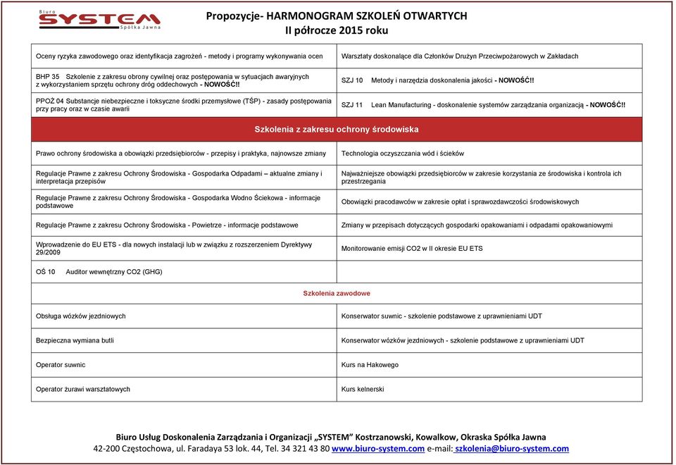 ! PPOŻ 04 Substancje niebezpieczne i toksyczne środki przemysłowe (TŚP) - zasady postępowania przy pracy oraz w czasie awarii SZJ 10 SZJ 11 Metody i narzędzia doskonalenia jakości - NOWOŚĆ!