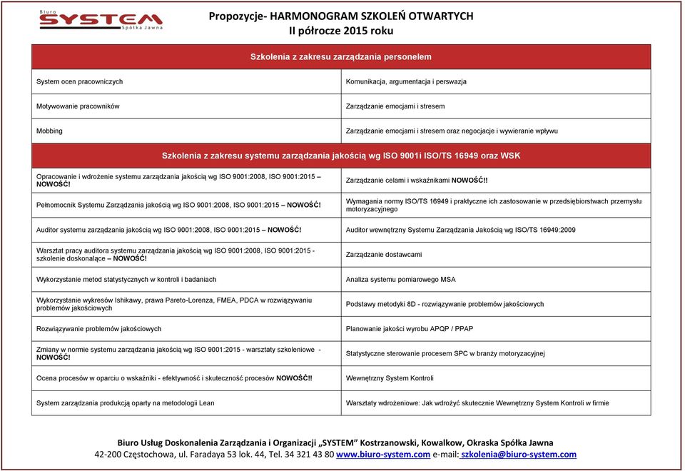 ISO 9001:2015 NOWOŚĆ! Pełnomocnik Systemu Zarządzania jakością wg ISO 9001:2008, ISO 9001:2015 NOWOŚĆ! Zarządzanie celami i wskaźnikami NOWOŚĆ!