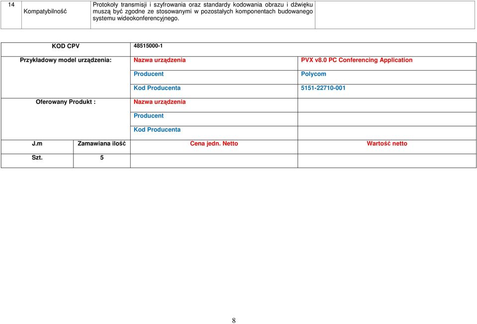 KOD CPV 48515000-1 Przykładowy model urządzenia: PVX v8.
