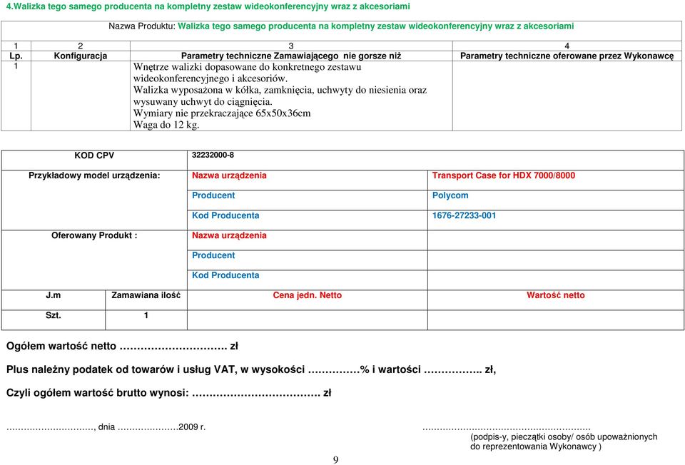 Konfiguracja Parametry techniczne Zamawiającego nie gorsze niŝ Parametry techniczne oferowane przez Wykonawcę 1 Wnętrze walizki dopasowane do konkretnego zestawu wideokonferencyjnego i akcesoriów.