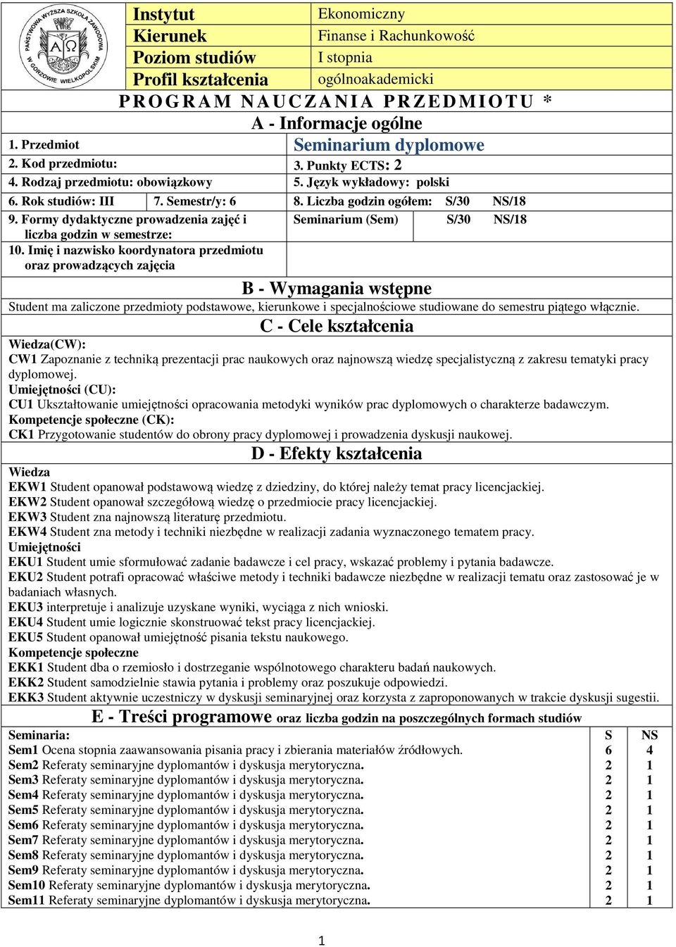 Formy dydaktyczne prowadzenia zajęć i liczba godzin w semestrze: Seminarium (Sem) S/30 NS/8 0.