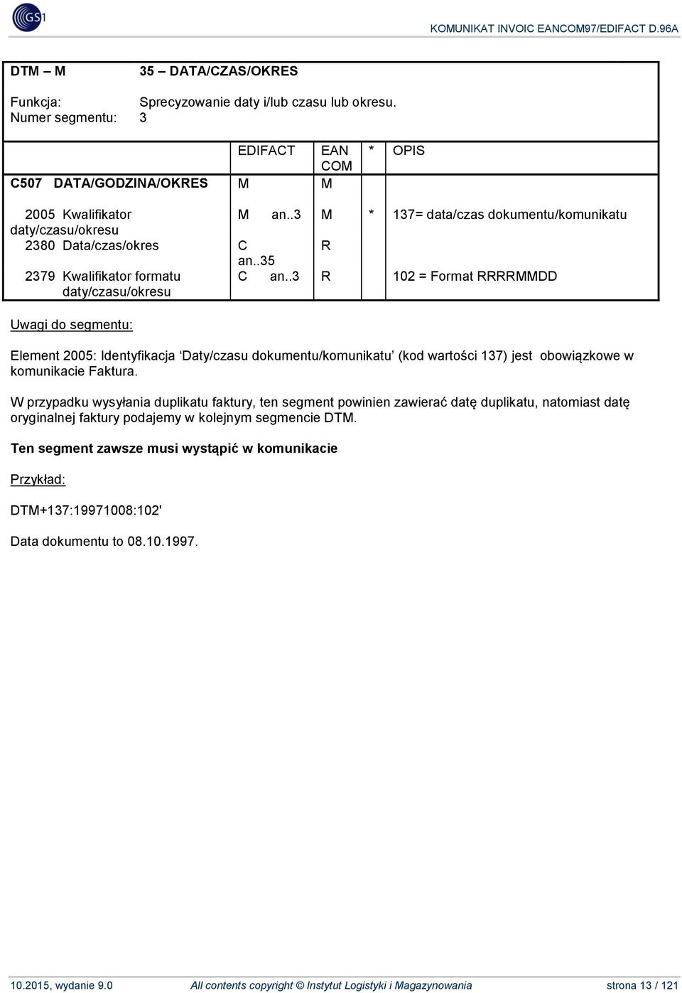 .3 R 102 = Format RRRRMMDD Element 2005: Identyfikacja Daty/czasu dokumentu/komunikatu (kod wartości 137) jest obowiązkowe w komunikacie Faktura.