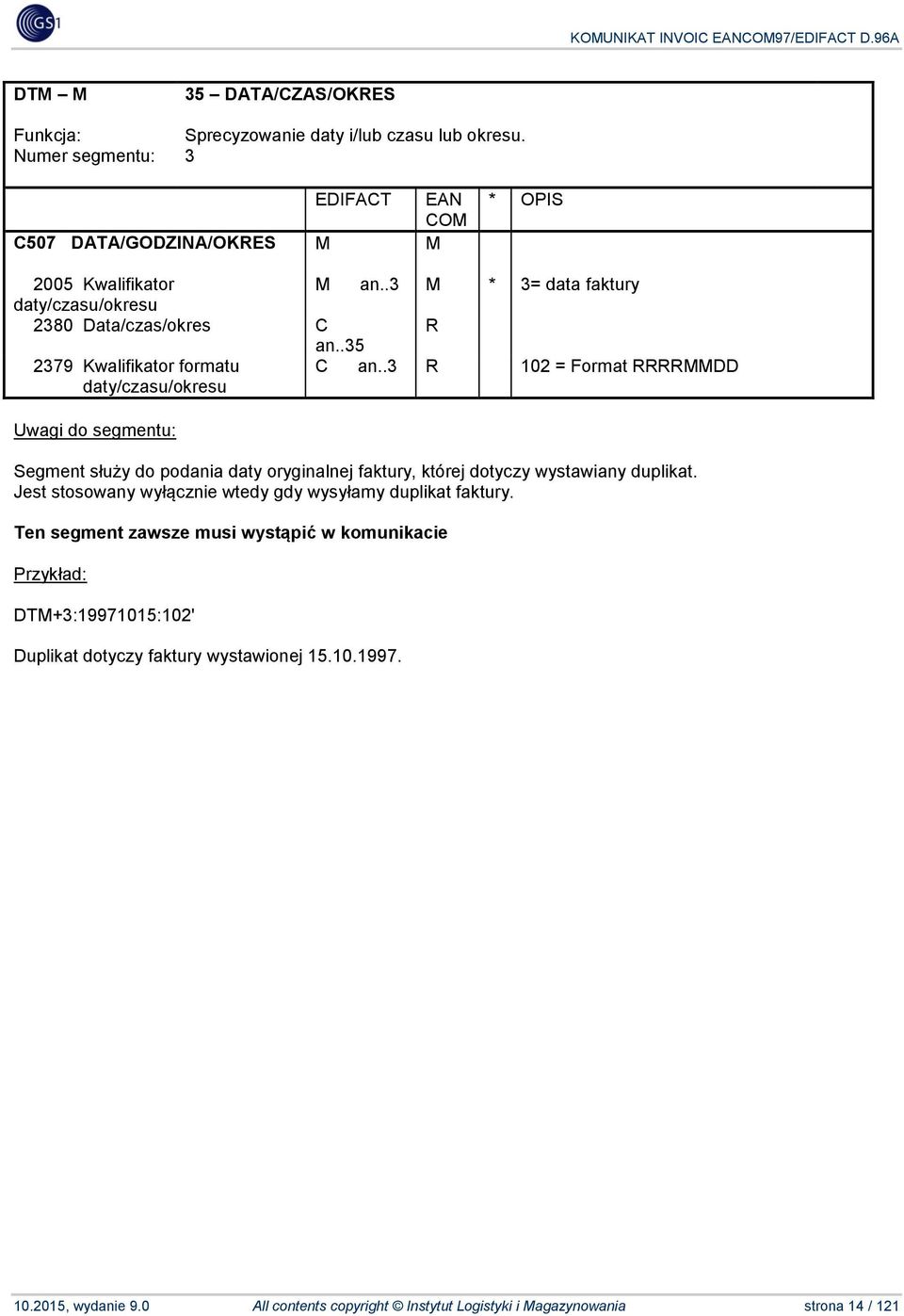 .3 R 102 = Format RRRRMMDD Segment służy do podania daty oryginalnej faktury, której dotyczy wystawiany duplikat.