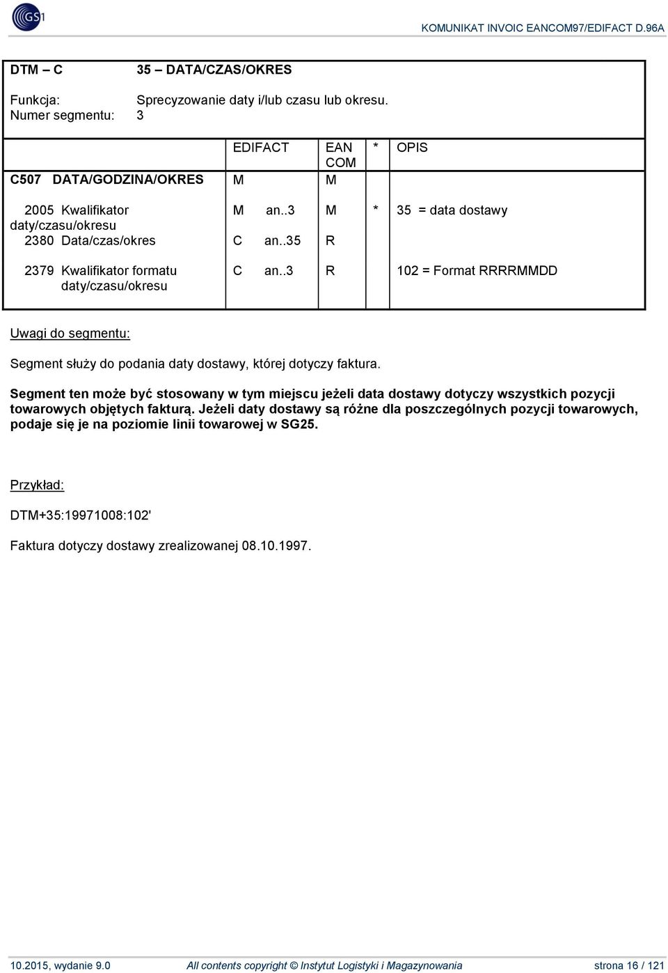 .3 R 102 = Format RRRRMMDD Segment służy do podania daty dostawy, której dotyczy faktura.