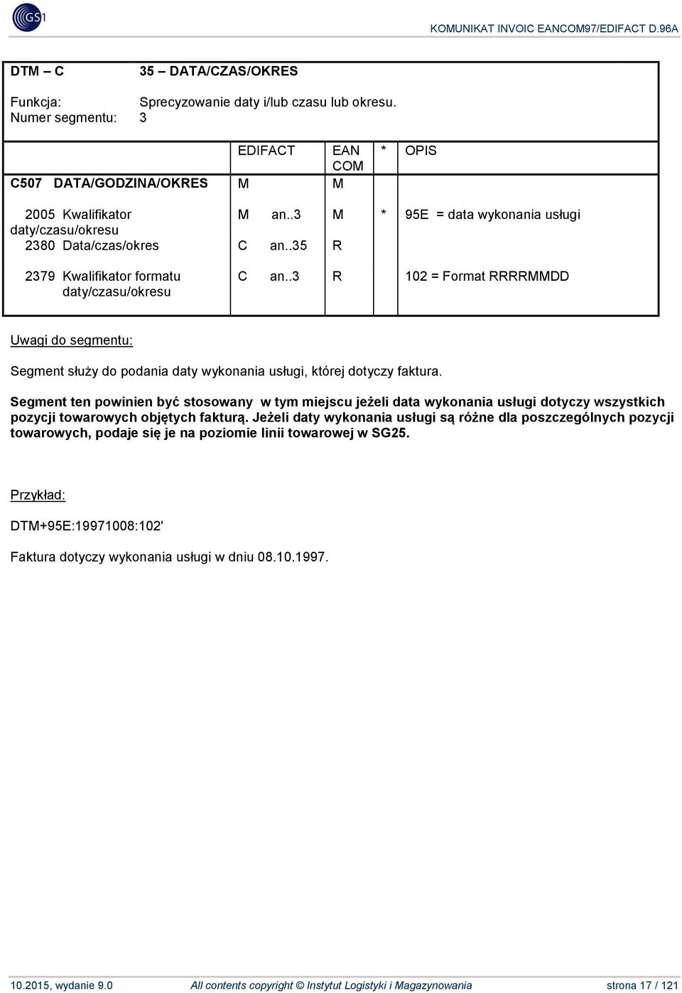 .3 R 102 = Format RRRRMMDD Segment służy do podania daty wykonania usługi, której dotyczy faktura.