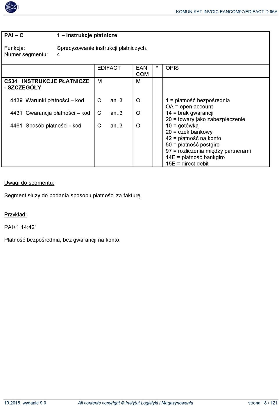 .3 O 10 = gotówką 20 = czek bankowy 42 = płatność na konto 50 = płatność postgiro 97 = rozliczenia między partnerami 14E = płatność bankgiro 15E = direct debit Segment służy do