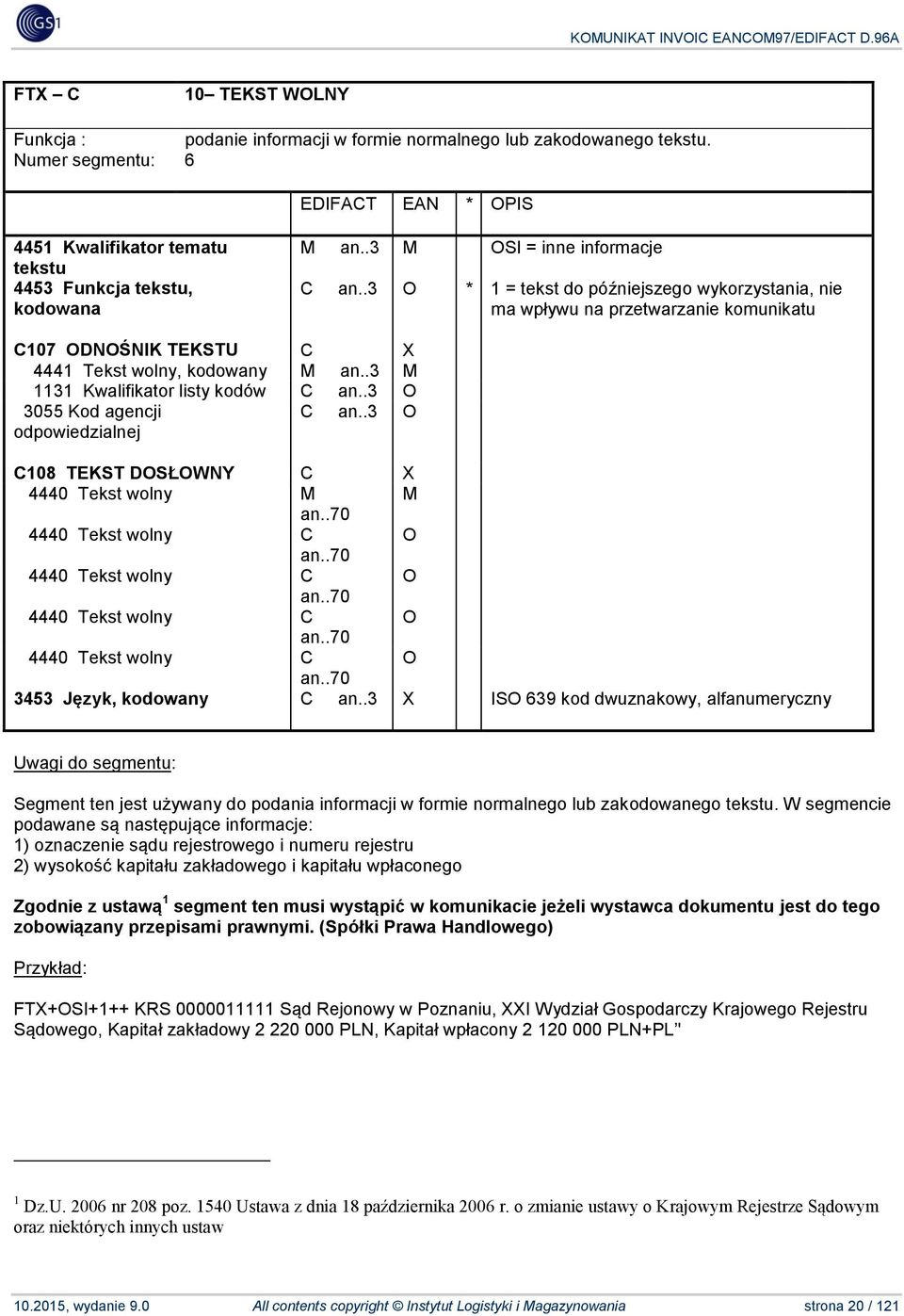 .3 M 1131 Kwalifikator listy kodów C an..3 O 3055 Kod agencji odpowiedzialnej C an..3 O C108 TEKST DOSŁOWNY C X 4440 Tekst wolny M M an..70 4440 Tekst wolny C O an..70 4440 Tekst wolny C O an..70 4440 Tekst wolny C O an..70 4440 Tekst wolny C O an..70 3453 Język, kodowany C an.