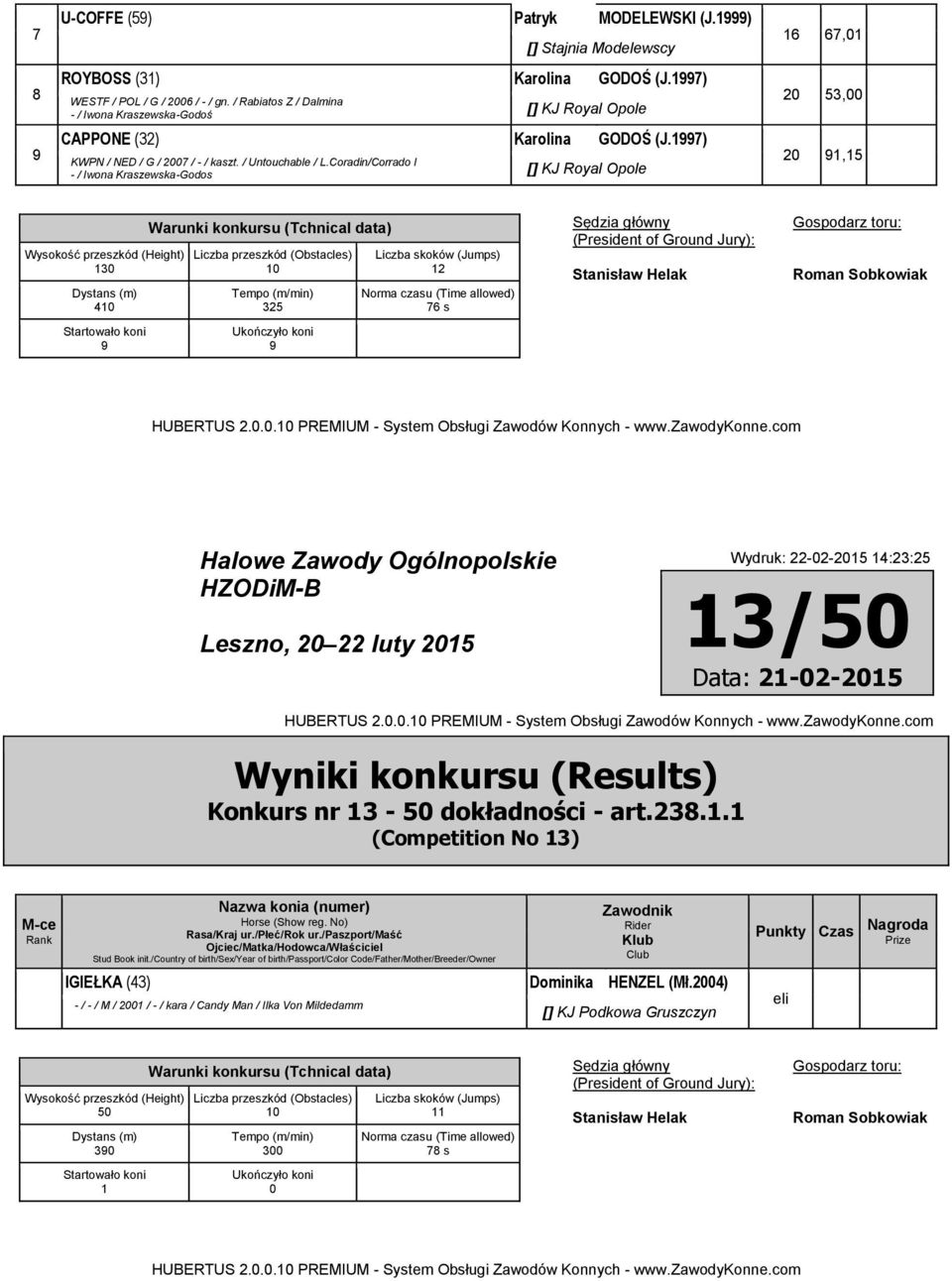 Coradin/Corrado I - / Iwona Kraszewska-Godos KJ Royal Opole 6 67,0 0 5,00 0 9,5 0 0 9 0 5 9 76 s Halowe Zawody Ogólnopolskie Wydruk: -0-05 ::5 /50 Data: -0-05 Konkurs nr - 50