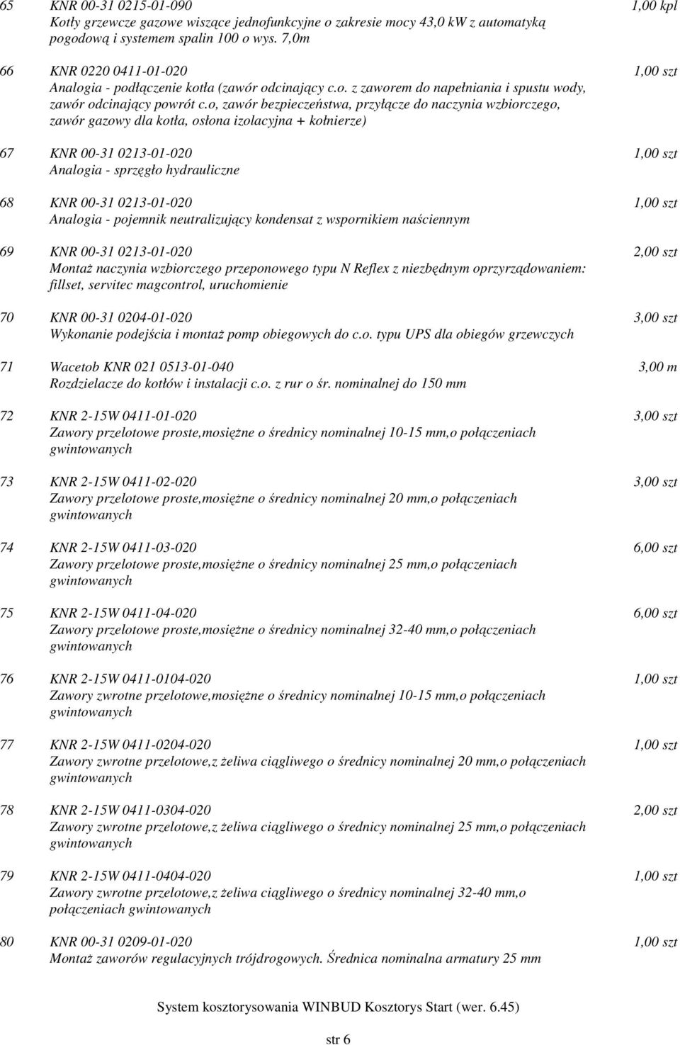 o, zawór bezpieczeństwa, przyłącze do naczynia wzbiorczego, zawór gazowy dla kotła, osłona izolacyjna + kołnierze) 67 KNR 00-31 0213-01-020 Analogia - sprzęgło hydrauliczne 68 KNR 00-31 0213-01-020