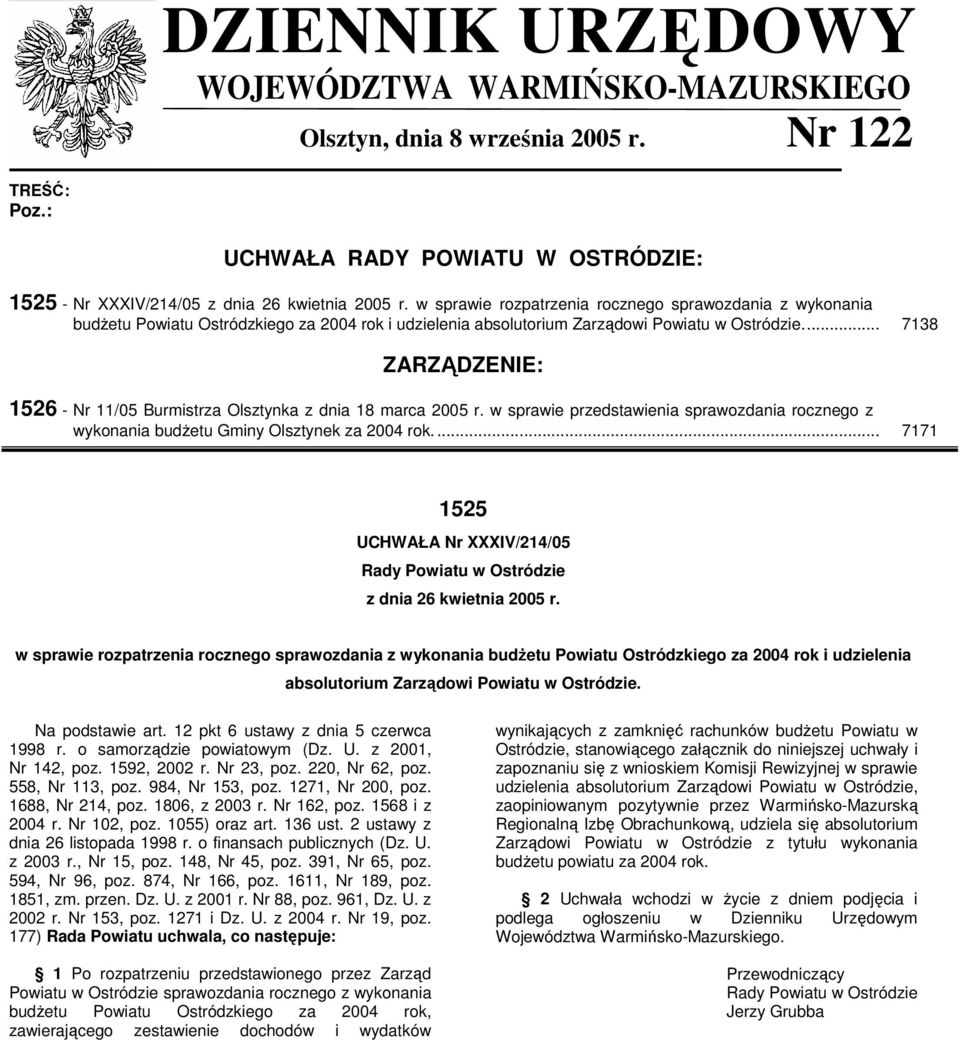 .. 7138 ZARZĄDZENIE: 1526 - Nr 11/05 Burmistrza Olsztynka z dnia 18 marca 2005 r. w sprawie przedstawienia sprawozdania rocznego z wykonania budŝetu Gminy Olsztynek za 2004 rok.