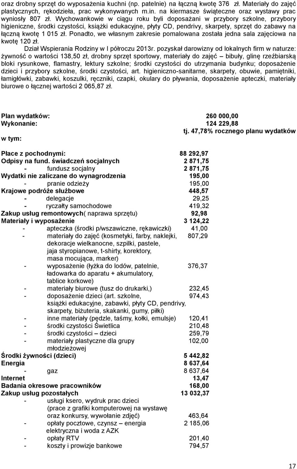 Wychowankowie w ciągu roku byli doposażani w przybory szkolne, przybory higieniczne, środki czystości, książki edukacyjne, płyty CD, pendrivy, skarpety, sprzęt do zabawy na łączną kwotę 1 015 zł.