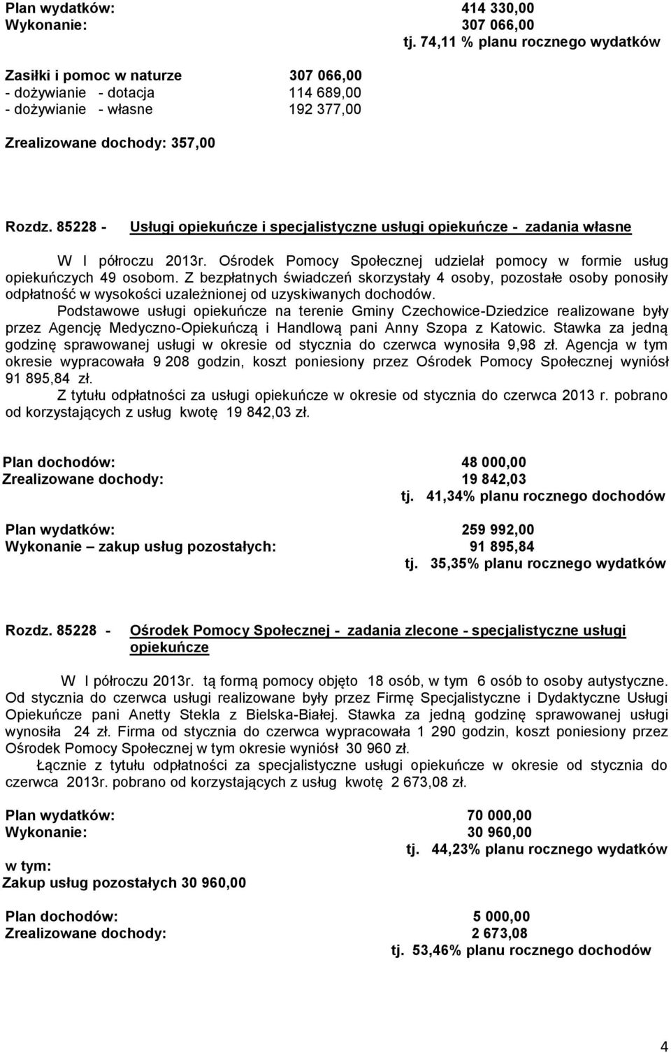 85228 - Usługi opiekuńcze i specjalistyczne usługi opiekuńcze - zadania własne W I półroczu 2013r. Ośrodek Pomocy Społecznej udzielał pomocy w formie usług opiekuńczych 49 osobom.