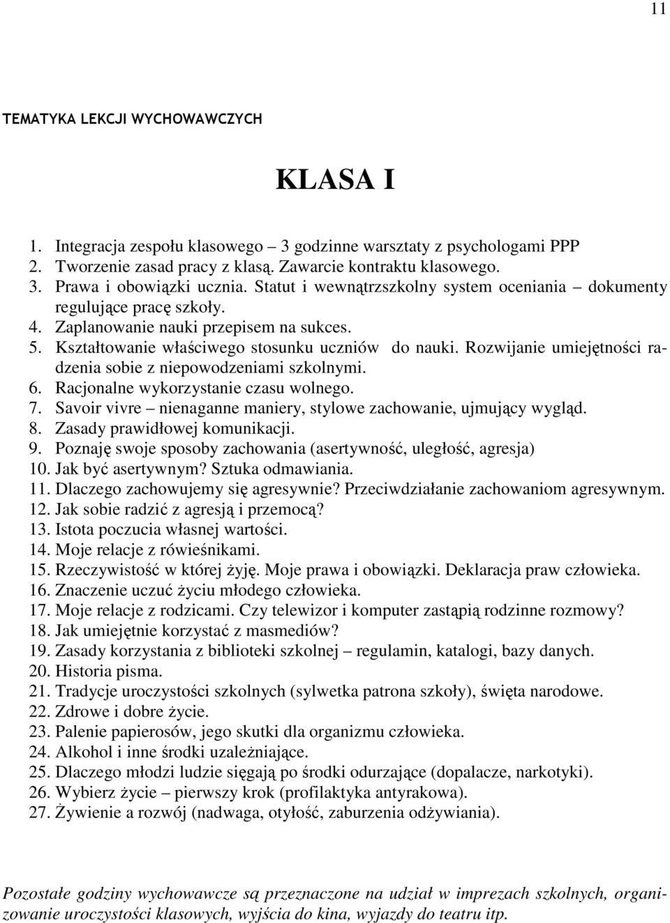 Rozwijanie umiejętności radzenia sobie z niepowodzeniami szkolnymi. 6. Racjonalne wykorzystanie czasu wolnego. 7. Savoir vivre nienaganne maniery, stylowe zachowanie, ujmujący wygląd. 8.