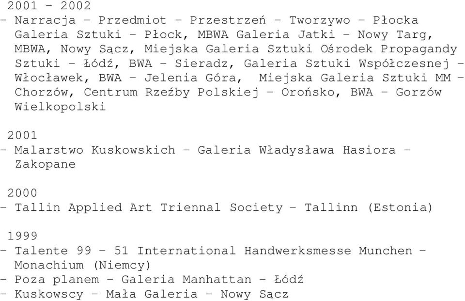 Polskiej - Orońsko, BWA - Gorzów Wielkopolski 2001 - Malarstwo Kuskowskich - Galeria Władysława Hasiora - Zakopane 2000 - Tallin Applied Art Triennal Society -