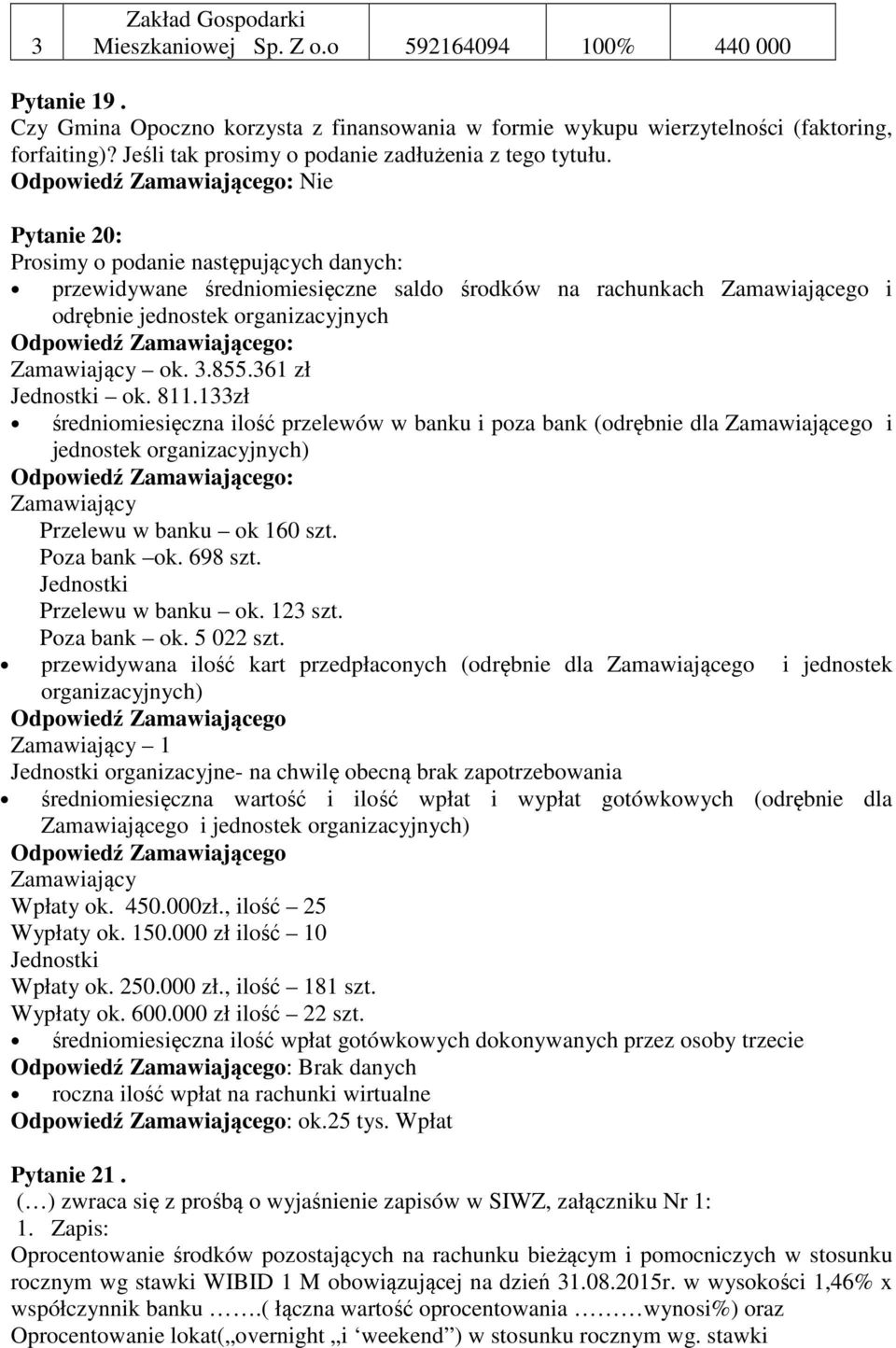 Nie Pytanie 20: Prosimy o podanie następujących danych: przewidywane średniomiesięczne saldo środków na rachunkach Zamawiającego i odrębnie jednostek organizacyjnych Zamawiający ok. 3.855.