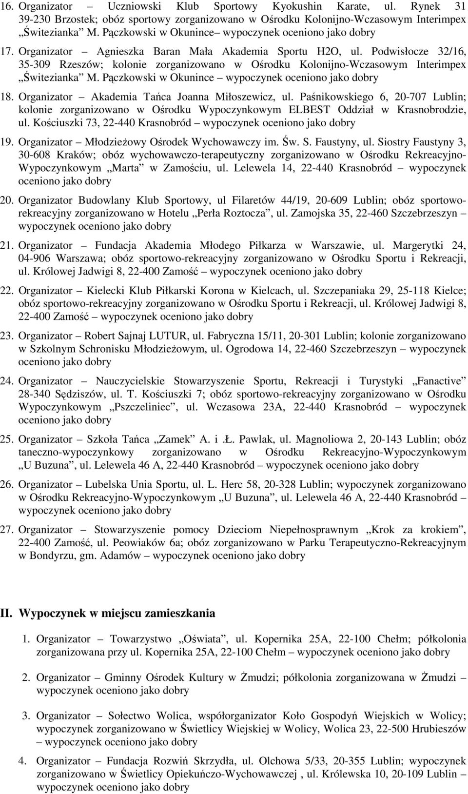 Organizator Akademia Tańca Joanna Miłoszewicz, ul. Paśnikowskiego 6, 20-707 Lublin; kolonie zorganizowano w Ośrodku Wypoczynkowym ELBEST Oddział w Krasnobrodzie, ul.