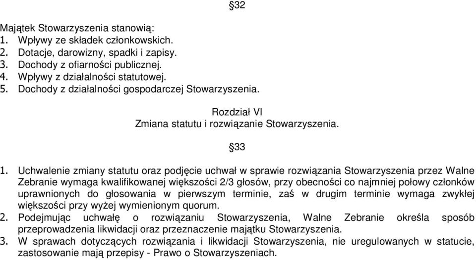 Uchwalenie zmiany statutu oraz podjęcie uchwał w sprawie rozwiązania Stowarzyszenia przez Walne Zebranie wymaga kwalifikowanej większości 2/3 głosów, przy obecności co najmniej połowy członków