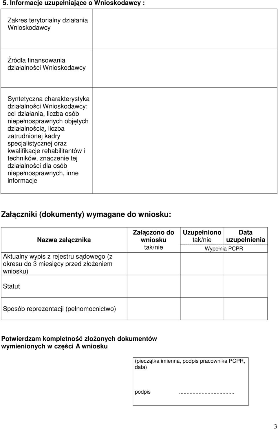 niepełnosprawnych, inne informacje Załączniki (dokumenty) wymagane do wniosku: Nazwa załącznika Aktualny wypis z rejestru sądowego (z okresu do 3 miesięcy przed złoŝeniem wniosku) Statut Załączono do