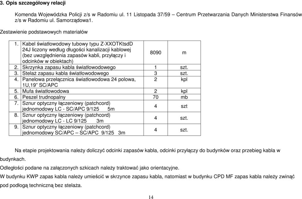 Kabel światłowodowy tubowy typu Z-XXOTKtsdD 24J liczony według długości kanalizacji kablowej (bez uwzględnienia zapasów kabli, przyłączy i 8090 m odcinków w obiektach) 2.