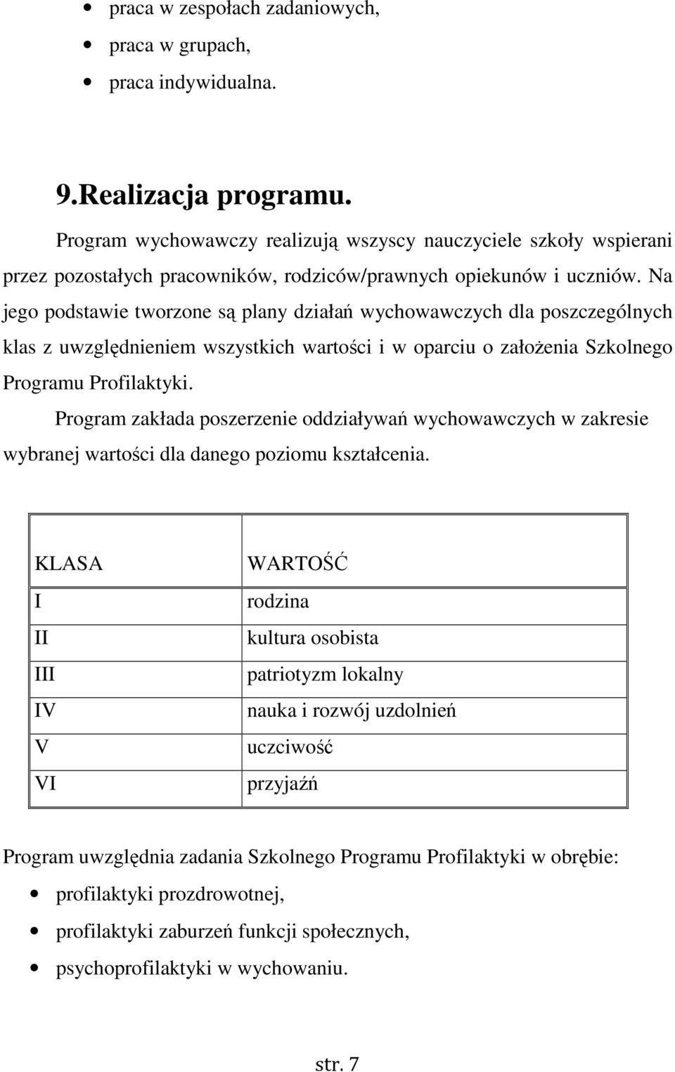 Na jego podstawie tworzone są plany działań wychowawczych dla poszczególnych klas z uwzględnieniem wszystkich wartości i w oparciu o założenia Szkolnego Programu Profilaktyki.